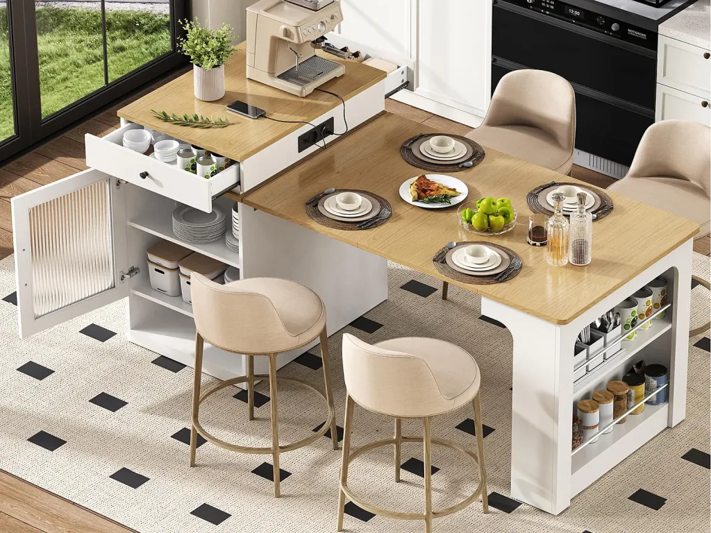 Modern Kitchen Island with a Wooden Top Seating for Four Open Storage and a Coffee Machine on the Counter Muebles Multifuncionales Y Sostenibles Para Aprovechar Hasta El último Rincón Y Combatir Así El Precio Del Metro Cuadrado En Zaragoza Zaragozala   Qué Hacer En Zaragoza