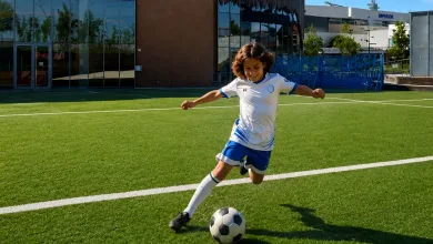 Child Soccer Player Kicking a Black and white Ball on Bright Artificial Turf with Modern Buildings in the Background Disney Dragon Striker Challenge Llega a Zaragoza Zaragozala   Qué Hacer En Zaragoza