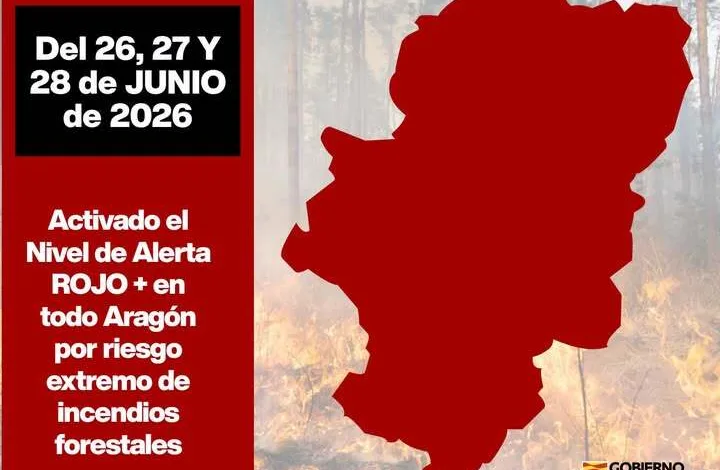Aviso Informativo En Español Sobre La Activación Del Nivel Rojo De Alerta Por Incendios Forestales En Aragón 2628 De Junio De 2026 Con Mapa De Aragón En Rojo Y Logo Del Gobierno De Aragón Qué Es La Alerta Rojo Plus En Aragón Y a Qué Afecta Zaragozala   Qué Hacer En Zaragoza