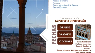 Informational Poster Promoting Guided Teruel Tours with Dates and Meeting Points Featuring Arches and Historic Buildings El Mudéjar De Teruel Se Muestra Al Atardecer Zaragozala Qué Hacer En Zaragoza