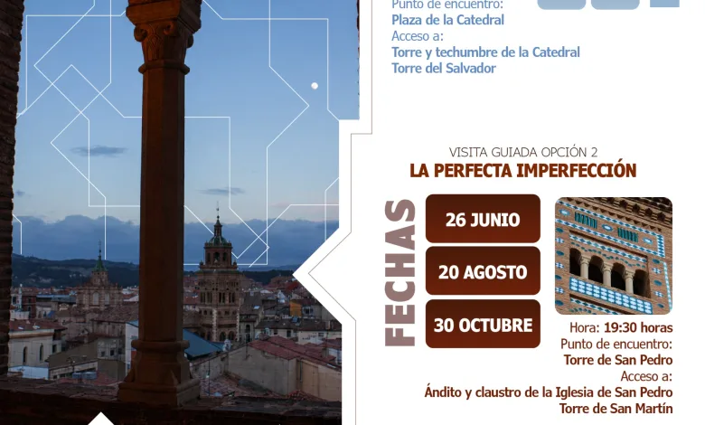 Informational Poster Promoting Guided Teruel Tours with Dates and Meeting Points Featuring Arches and Historic Buildings El Mudéjar De Teruel Se Muestra Al Atardecer Zaragozala Qué Hacer En Zaragoza