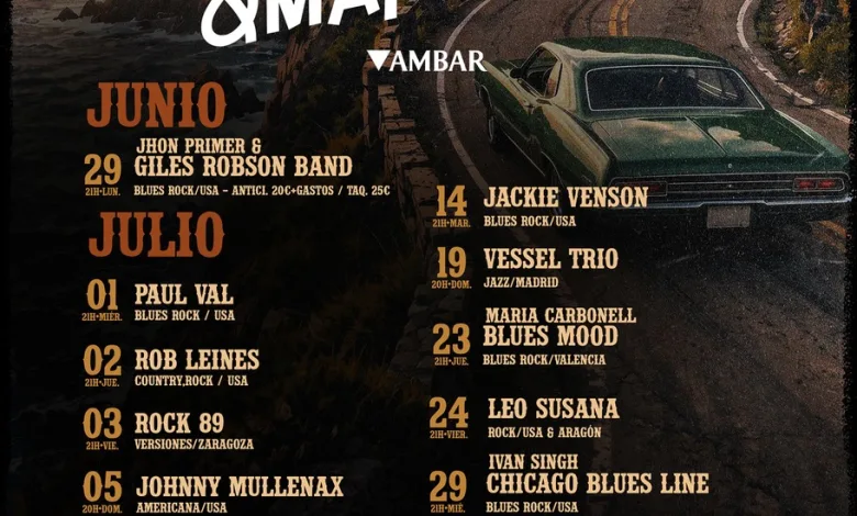 Vintage style Concert Poster for a Rock  Blues Festival Showing a Green Car on a Winding Coastal Road with Sunset and Juneaugust Lineup and Dates Carretera Y Manta Ciclo De Conciertos Este Verano En Zaragoza Zaragozala   Qué Hacer En Zaragoza