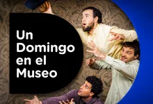 Three Men Reach Toward the Camera Around a Large Black Speech Bubble That Reads un Domingo En El Museo Against a Patterned Wall with a Blue Arc Frame Behind Them Resembling an Advertisement Piece Zaragozala | Agenda Cultural Ocio Y Planes En Zaragoza Zaragozala Qué Hacer En Zaragoza
