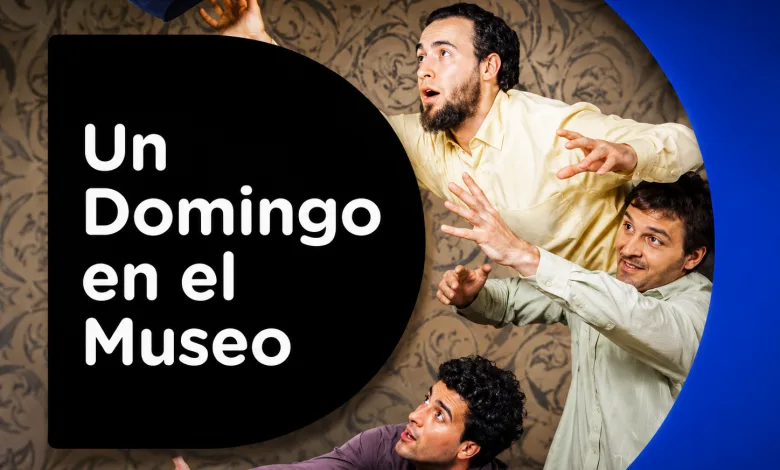 Three Men Reach Toward the Camera Around a Large Black Speech Bubble That Reads un Domingo En El Museo Against a Patterned Wall with a Blue Arc Frame Behind Them Resembling an Advertisement Piece Zaragozala | Agenda Cultural Ocio Y Planes En Zaragoza Zaragozala Qué Hacer En Zaragoza