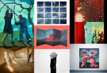 a Collage of Artworks Left Shows Two Masked Figures Fighting in a Blue green Landscape Center is a Grid of Blue framed Panels Right Features a Red cosmos Composition and a Turquoise Abstract Panel Side by Side Bottom Left a Sunlit Empty Room Bottom Center a Person with a White Fabric Draped over the Head Bottom Right a Colorful Abstract Painting of Intertwined Shapes Zaragozala | Agenda Cultural Ocio Y Planes En Zaragoza Página 1413 Zaragozala Qué Hacer En Zaragoza