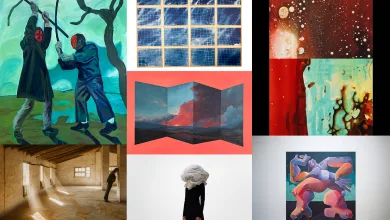 a Collage of Artworks Left Shows Two Masked Figures Fighting in a Blue green Landscape Center is a Grid of Blue framed Panels Right Features a Red cosmos Composition and a Turquoise Abstract Panel Side by Side Bottom Left a Sunlit Empty Room Bottom Center a Person with a White Fabric Draped over the Head Bottom Right a Colorful Abstract Painting of Intertwined Shapes Finalistas Del Premio De Arte Universidad San Jorge Zaragozala   Qué Hacer En Zaragoza