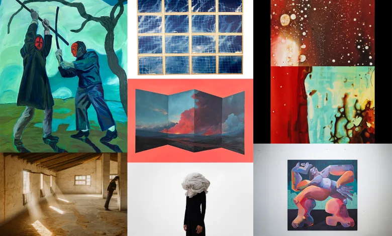 a Collage of Artworks Left Shows Two Masked Figures Fighting in a Blue green Landscape Center is a Grid of Blue framed Panels Right Features a Red cosmos Composition and a Turquoise Abstract Panel Side by Side Bottom Left a Sunlit Empty Room Bottom Center a Person with a White Fabric Draped over the Head Bottom Right a Colorful Abstract Painting of Intertwined Shapes Finalistas Del Premio De Arte Universidad San Jorge Zaragozala Qué Hacer En Zaragoza