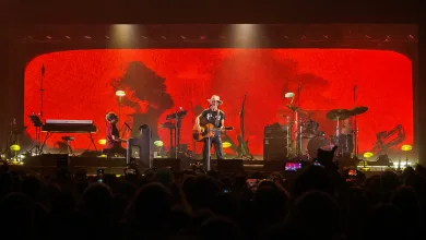 Guitarist in a Hat Center Stage Playing an Acoustic Guitar During a Live Concert with a Red Abstract Backdrop and Band Members Nearby Audience in the Foreground Iván Ferreiro Repasa Sus Grandes Clásicos En La Multiusos Zaragozala   Qué Hacer En Zaragoza