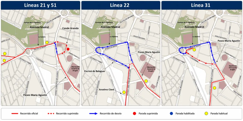Mapa En Tres Paneles De Las Líneas 21 Y 51 22 Y 31 Ruta Oficial En Rojo Desvíos En Azul Y Paradas Señaladas Por Puntos De Colores Desvíos Por Las Obras En El Portillo Desde El 15 De Junio Zaragozala Qué Hacer En Zaragoza