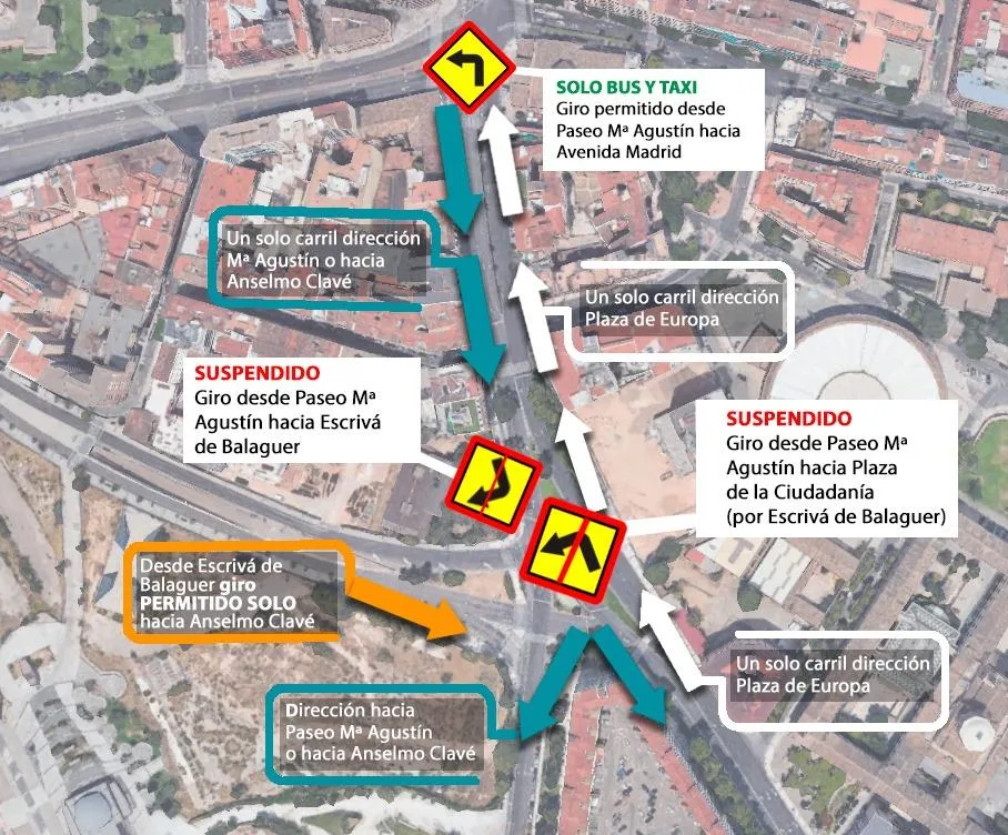Aerial Map Showing Temporary Traffic Changes One way Arrows a Dedicated Bustaxi Lane Suspended Sections and Detours Around Plaza De Europa Desvíos Por Las Obras En El Portillo Desde El 15 De Junio Zaragozala Qué Hacer En Zaragoza