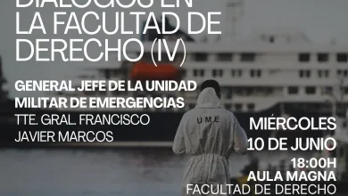 Spanish Event Poster for diálogos En La Facultad De Derecho Featuring a Person in a Protective Suit Labeled ume Facing a Ship with Event Details on the Right datetime El Jefe De La Ume Participa En El último Diálogo De La Facultad De Derecho Zaragozala Qué Hacer En Zaragoza