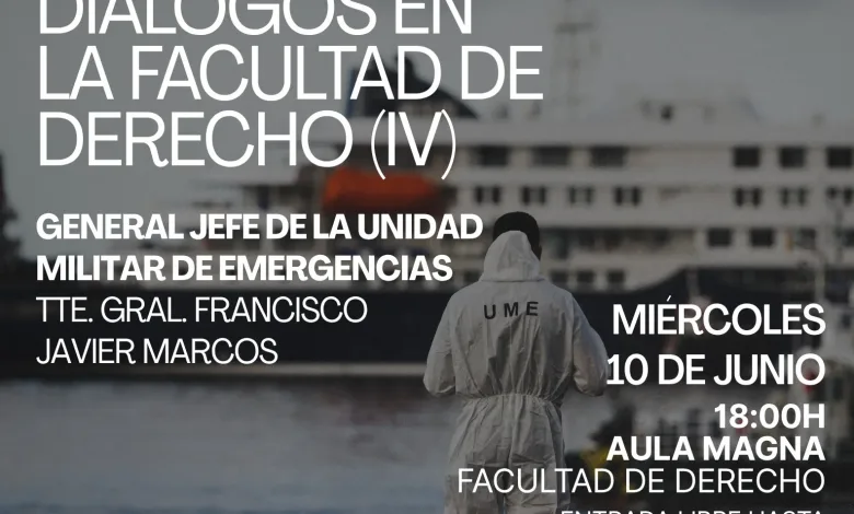 Spanish Event Poster for diálogos En La Facultad De Derecho Featuring a Person in a Protective Suit Labeled ume Facing a Ship with Event Details on the Right datetime El Jefe De La Ume Participa En El último Diálogo De La Facultad De Derecho Zaragozala   Qué Hacer En Zaragoza