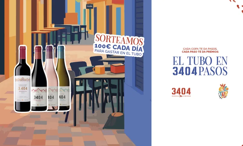 Colorful Cafe Alley Illustration with Five Wine Bottles in the Foreground and a Sticker That Reads sorteamos 100€ Cada DÍa Para Gastar En El Tubo El Tuboel Tubo En 3404 Pasos Gana Premios Con Cada Consumición Zaragozala Qué Hacer En Zaragoza