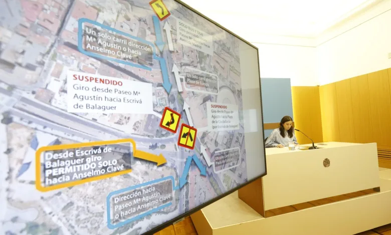 Large Screen Showing a Colorful Map with Arrows and Spanish Text Beside a Person Speaking at a Podium in a Conference Room Obras De El Portillo En Zaragoza Cortado El Giro De María Agustín Hacia Escrivá De Balaguer Desde El 15 De Junio Zaragozala   Qué Hacer En Zaragoza