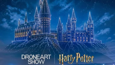 Illuminated Castle Formed by Drone Lights over a Night Crowd with Banners Reading Droneart Show and Harry Potter Droneart Show Harry Potter En Zaragoza Fechas Y Entradas Zaragozala   Qué Hacer En Zaragoza
