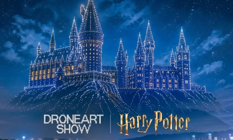Illuminated Castle Formed by Drone Lights over a Night Crowd with Banners Reading Droneart Show and Harry Potter Droneart Show Harry Potter En Zaragoza Fechas Y Entradas Zaragozala Qué Hacer En Zaragoza