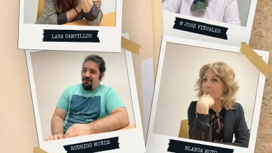 Collage of Four Polaroid style Portraits of Authors Lara Campillos M José Vinuales Rodrigo Muñoz and Blanca Royo on a Corkboard Backdrop with Tape and Torn paper Accents Book Title Visible in Red Text Below Extintos Teatro Vuelve a Los Escenarios Con hombres Que Escriben En Habitaciones Pequeñas Zaragozala   Qué Hacer En Zaragoza