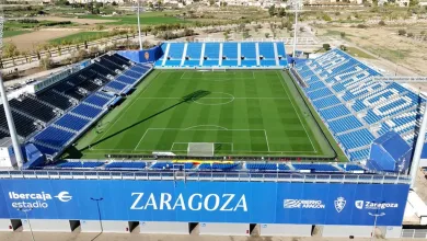 Aerial View of a Blue clad Soccer Stadium with Green Pitch Labeled Zaragoza Ibercaja Estadio Signage in Front Ibercaja Estadio Se Estrena Con Leiva Y La Bachata De Romeo Santos Zaragozala   Qué Hacer En Zaragoza