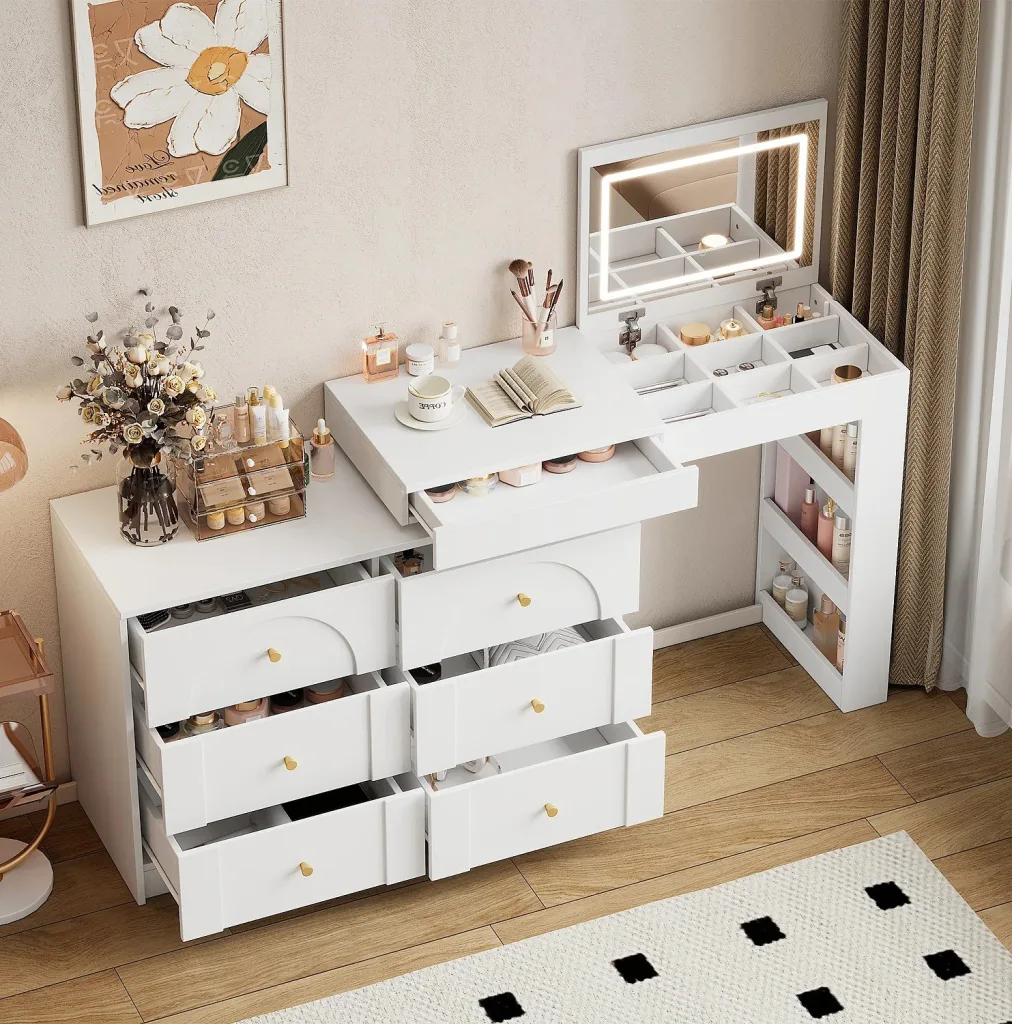 White Makeup Vanity with Open Drawers Showing Cosmetics and Brushes a Mirrored Cabinet with Led Frame and a Small Open Book on the Surface Beige Walls and Light Wood Floor Create a Chic Dressing Room Scene Muebles Multifuncionales Y Sostenibles Para Aprovechar Hasta El último Rincón Y Combatir Así El Precio Del Metro Cuadrado En Zaragoza Zaragozala   Qué Hacer En Zaragoza