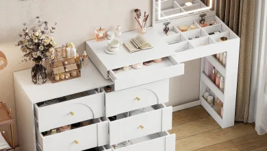 White Makeup Vanity with Open Drawers Showing Cosmetics and Brushes a Mirrored Cabinet with Led Frame and a Small Open Book on the Surface Beige Walls and Light Wood Floor Create a Chic Dressing Room Scene Muebles Multifuncionales Y Sostenibles Para Aprovechar Hasta El último Rincón Y Combatir Así El Precio Del Metro Cuadrado En Zaragoza Zaragozala   Qué Hacer En Zaragoza