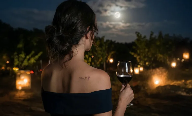Back View of a Woman in a Dark Off shoulder Dress Holding a Glass of Red Wine at Night Moonlit Sky with Lanterns in the Background La Do Cariñena Transforma Sus Vinos En Música Zaragozala Qué Hacer En Zaragoza