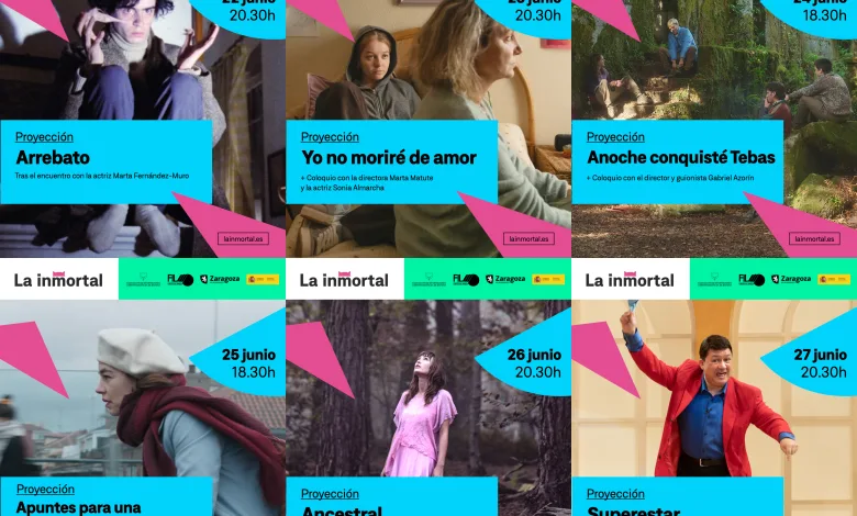 Collage of La Immortal Festival Posters with Cyan Title Cards and Pink Geometric Shapes Showing Film Titles and June Dates La Inmortal Zaragoza 2026 Programación Completa Zaragozala Qué Hacer En Zaragoza