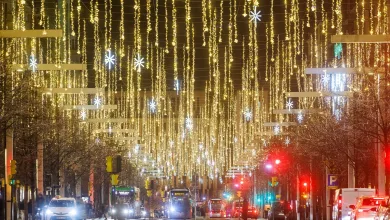 City Street at Night Decorated with Yellow String Lights and Glowing Star Motifs Above Tram Tracks Traffic Lights and Cars Zaragozala | Agenda Cultural Ocio Y Planes En Zaragoza Zaragozala   Qué Hacer En Zaragoza