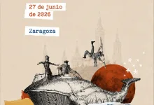 Poster for La Noche En Blanco 27 De Junio De 2026 Zaragoza  Title in Blue Collage of a Whale with Figures Red Sun Blue Water and City Skyline Zaragozala | Agenda Cultural Ocio Y Planes En Zaragoza Zaragozala   Qué Hacer En Zaragoza
