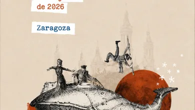 Poster for La Noche En Blanco 27 De Junio De 2026 Zaragoza  Title in Blue Collage of a Whale with Figures Red Sun Blue Water and City Skyline Zaragozala | Agenda Cultural Ocio Y Planes En Zaragoza Zaragozala   Qué Hacer En Zaragoza