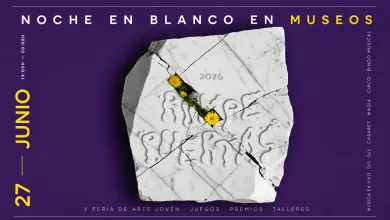 Poster for Noche En Blanco En Museos with a Cracked Marble Slab and Yellow Flowers on a Purple Background 27 June Zaragoza Event Festival Rompepuertas En La Noche En Blanco Zaragoza Zaragozala Qué Hacer En Zaragoza