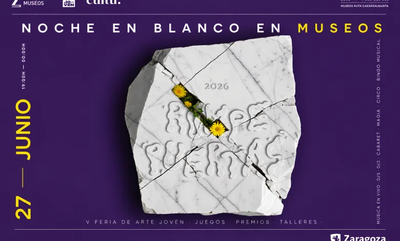 Poster for Noche En Blanco En Museos with a Cracked Marble Slab and Yellow Flowers on a Purple Background 27 June Zaragoza Event Festival Rompepuertas En La Noche En Blanco Zaragoza Zaragozala Qué Hacer En Zaragoza