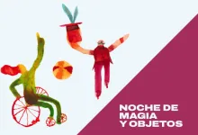 Promotional Poster for noche De Magia Y Objetos with Colorful Watercolor Performers on a Pale Blue Background and a Magenta Diagonal Banner Zaragozala | Agenda Cultural Ocio Y Planes En Zaragoza Zaragozala Qué Hacer En Zaragoza