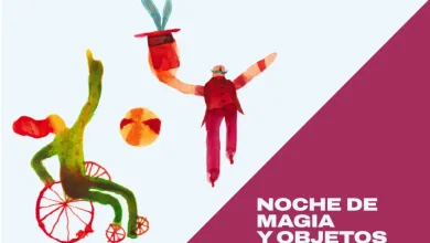 Promotional Poster for noche De Magia Y Objetos with Colorful Watercolor Performers on a Pale Blue Background and a Magenta Diagonal Banner Noches De Verano Caixaforum Zaragoza 2026 Noche De Magia Zaragozala   Qué Hacer En Zaragoza
