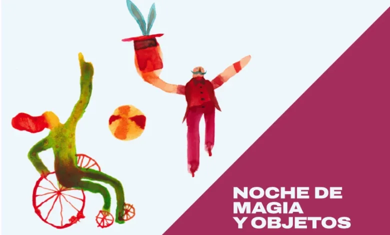 Promotional Poster for noche De Magia Y Objetos with Colorful Watercolor Performers on a Pale Blue Background and a Magenta Diagonal Banner Noches De Verano Caixaforum Zaragoza 2026 Noche De Magia Zaragozala Qué Hacer En Zaragoza