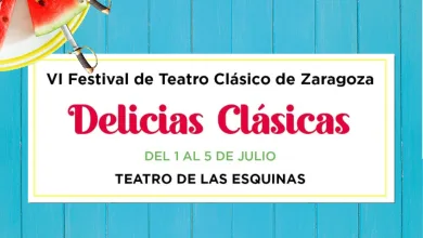 Poster Advertising the Vi Festival De Teatro Clásico De Zaragoza with Delicias Clásicas July 15 on a Blue Wooden Background with Watermelon Slices Festival Delicias Clásicas 2026 Del 1 Al 5 De Julio Zaragozala   Qué Hacer En Zaragoza