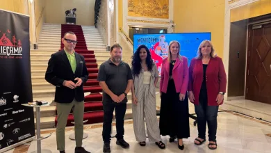 Five Adults Stand Together in a Marble Lobby with a Red carpet Staircase Behind Them a Moviecamp Banner on the Left and a Large Display Screen in the Back Zaragozala | Agenda Cultural Ocio Y Planes En Zaragoza Zaragozala   Qué Hacer En Zaragoza