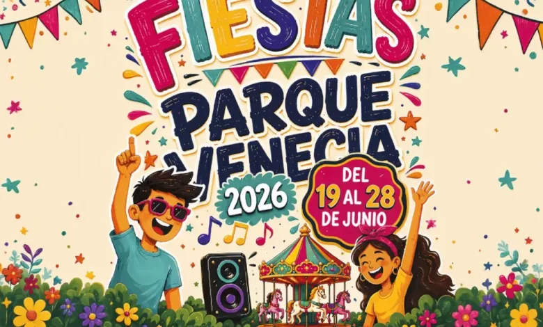 Bright Festival Poster for Fiestas Parque Venecia 2026 with Kids Dancing Near a Carousel and Flowers Dates June 1928 Fiestas De Parque Venecia 2026 Programa Completo Zaragozala Qué Hacer En Zaragoza