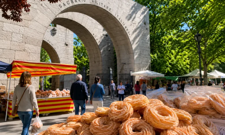 Market Stalls Under a Stone Arch Labeled Sacrario Militare Italiano Foreground Shows a Pile of Sugar dusted Pastries on a Table La Tradición Que Cada 13 De Junio Llena De Rosquillas La Iglesia De San Antonio Zaragozala   Qué Hacer En Zaragoza