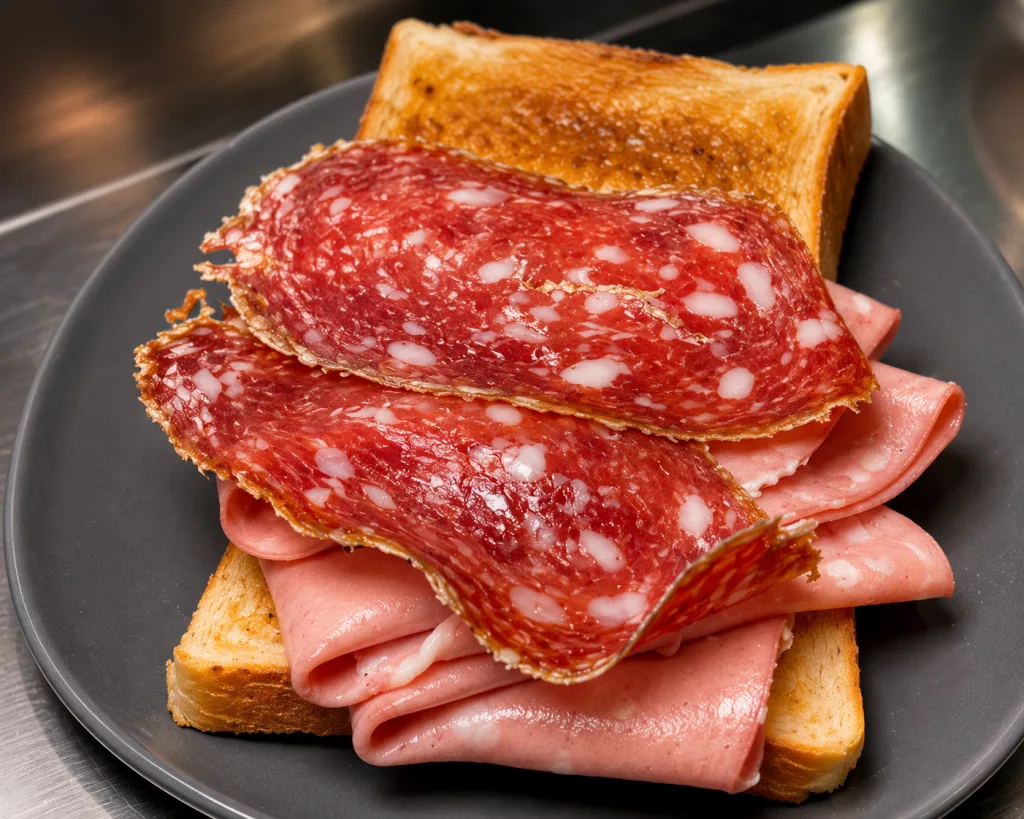 Two Slices of Toasted Bread Topped with Folded Ham and Overlapping Slices of Salami on a Gray Plate Los Auténticos Sándwiches De Nueva York Aterrizan En Zaragoza Zaragozala Qué Hacer En Zaragoza