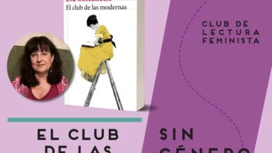 Poster style Image with a Purple Layout Showing a Book Titled el Club De Las Modernas and a Small Portrait Photo of Eva Cosculluela Plus a Yellow dressed Figure on a Ladder Illustration and Text club De Lectura Feministainformative Alt for Context and Purpose of the Design Eva Cosculluela Cierra El Curso De Sin Género De Dudas Zaragozala Qué Hacer En Zaragoza