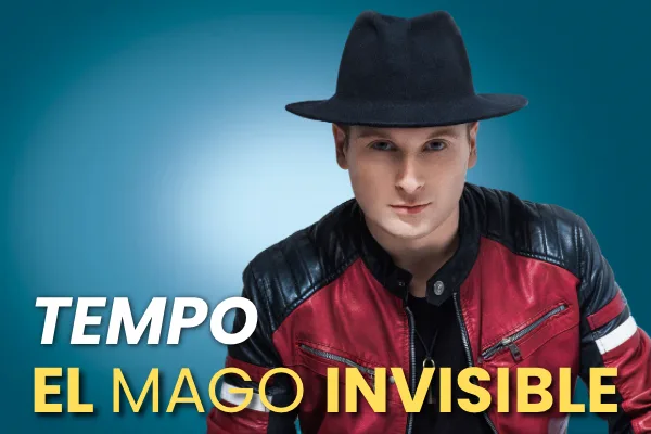 Poster of a Man in a Black Hat and Red black Jacket Against a Blue Gradient with the Bold Text tempo El Mago Invisible El Mago Invisible Presenta tempo En El Teatro Principal Zaragozala Qué Hacer En Zaragoza