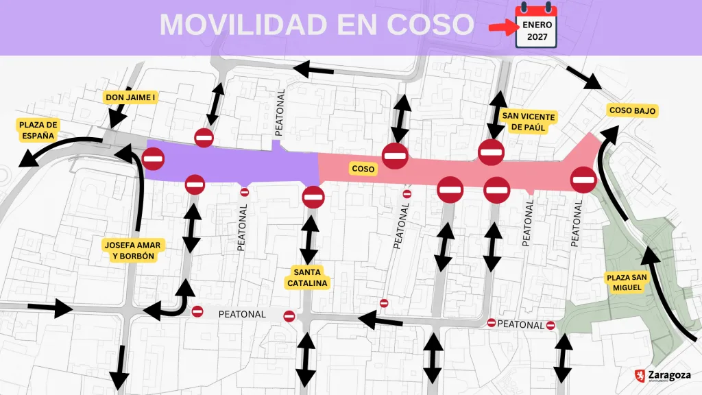 Mapa De Movilidad En Zaragoza Mostrando Zonas Peatonales Moradas Y Una Franja Roja De Circulación Restringida Con Flechas Direccionales Y Señales De no Entrar Para Vehículos Obras Del Coso Cómo Circular Desde El 22 De Julio Zaragozala Qué Hacer En Zaragoza