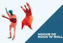 Watercolor Silhouettes of a Guitarist and a Dancer Jumping with Pale Blue Background and a Dark Blue Diagonal Panel Reading noche De Rock n Roll Zaragozala | Agenda Cultural Ocio Y Planes En Zaragoza Zaragozala Qué Hacer En Zaragoza