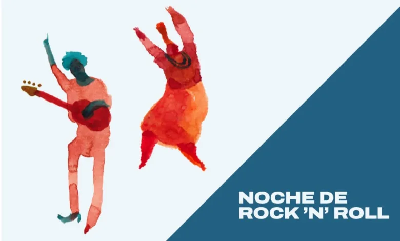 Watercolor Silhouettes of a Guitarist and a Dancer Jumping with Pale Blue Background and a Dark Blue Diagonal Panel Reading noche De Rock n Roll Zaragozala | Agenda Cultural Ocio Y Planes En Zaragoza Zaragozala Qué Hacer En Zaragoza