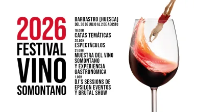 Festival Poster for 2026 Vino Somontano with Large Red 2026 and a Tall Wine Glass on the Right and a List of Event Times on the Leftright Side Festival Vino Somontano 2026 En Barbastro Programa Completo Zaragozala Qué Hacer En Zaragoza