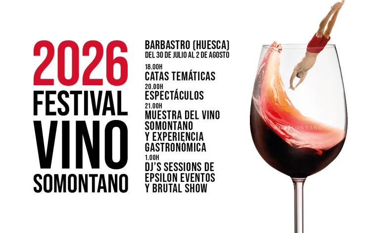 Festival Poster for 2026 Vino Somontano with Large Red 2026 and a Tall Wine Glass on the Right and a List of Event Times on the Leftright Side Festival Vino Somontano 2026 En Barbastro Programa Completo Zaragozala Qué Hacer En Zaragoza