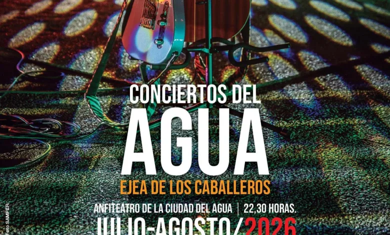Conciertos Del Agua Poster an Electric Guitar on Stage with Colorful Lights Large agua Text and Event Details for Ejea De Los Caballeros Julyaugust 2026 Conciertos Del Agua 2026 En Ejea Fechas Y Artistas Zaragozala Qué Hacer En Zaragoza