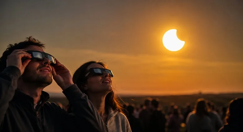 Two People Wearing Eclipse Glasses Watch a Partial Solar Eclipse at Sunset Zaragozala | Agenda Cultural Ocio Y Planes En Zaragoza Zaragozala   Qué Hacer En Zaragoza