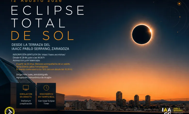 Cartel Promocional En Español Para Un Eclipse Solar Total Desde La Terraza Iaacc Pablo Serrano Zaragoza Muestra El Eclipse Y El Skyline Al Atardecer Con Texto Informativo Eclipse Total De Sol En Zaragoza El Iaacc Abre Su Terraza Zaragozala Qué Hacer En Zaragoza