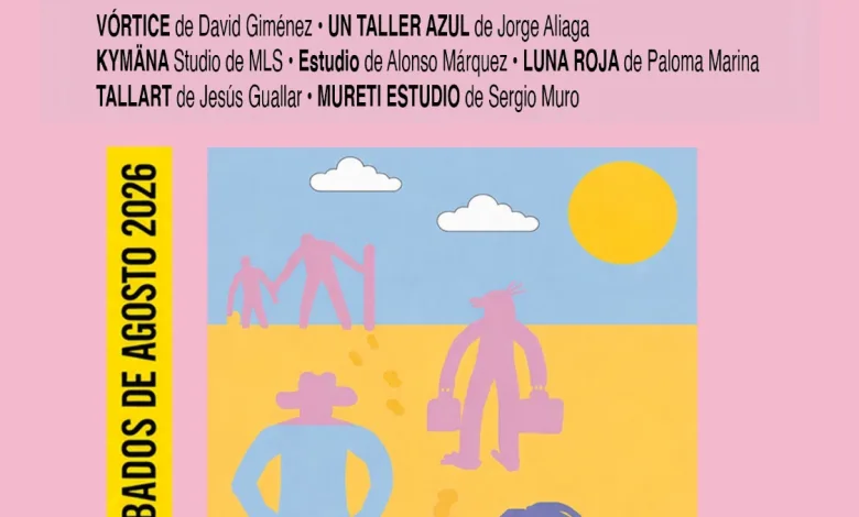 Poster Announcing estonoesarco Opening of Artist Studios in Zaragoza with Activities Performances and Exhibtions Pink Background Bold Black Title and a Colorful Beach Illustration Below and a Vertical Yellow Banner Reading los 5 SÁbados De Agosto 2026 Zaragozala | Agenda Cultural Ocio Y Planes En Zaragoza Zaragozala Qué Hacer En Zaragoza
